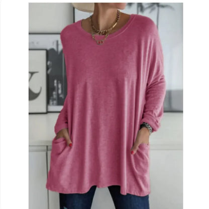 Casual Long Sleeve Round Neck Top with Pockets