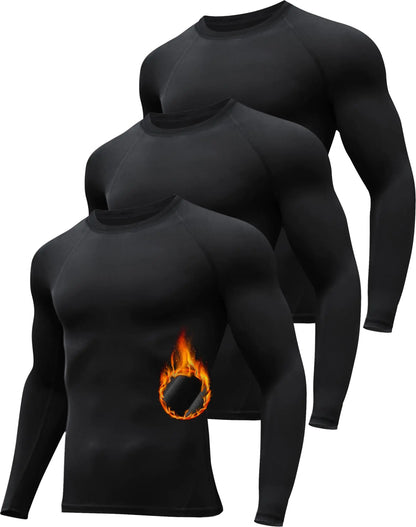 HovSiyla 3 Pack Mens Thermal Underwear Shirts Compression Fleece Lined Long Sleeve Athletic Base Layer Cold Weather Black L