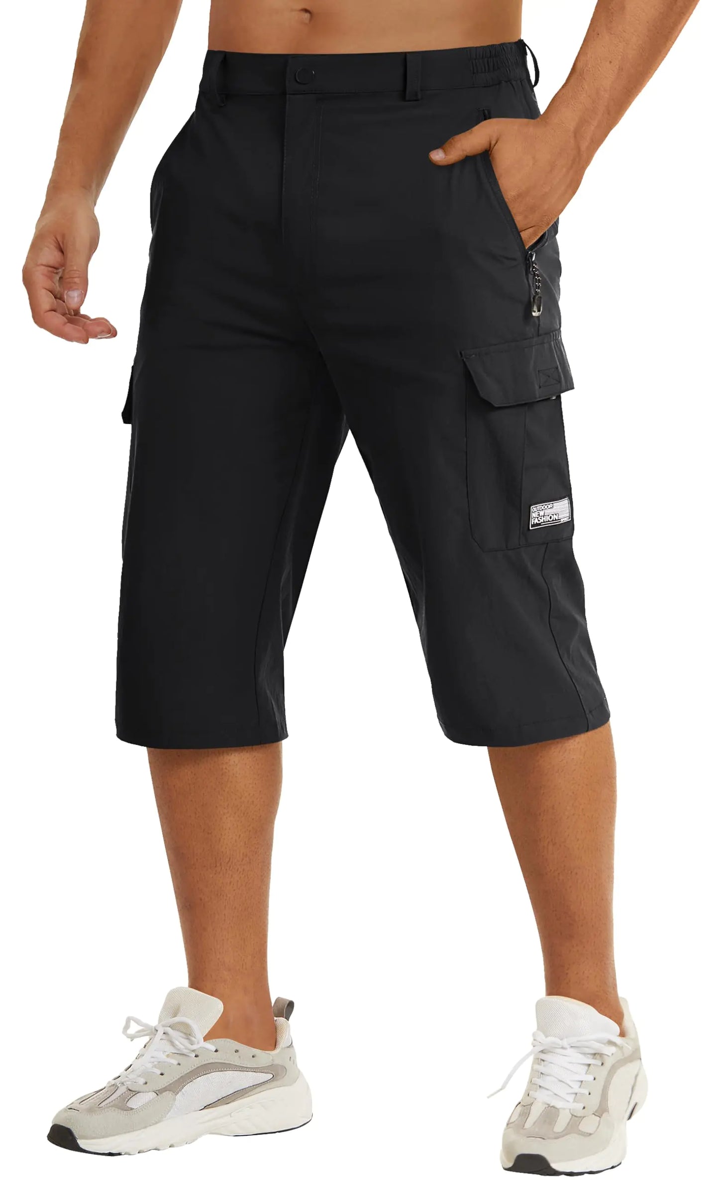 TACVASEN Capri Pants for Men Black Cargo Shorts Men Outdoor Quick Dry Shorts for Men Water-Resistant Workout Shorts with Zipper Pockets