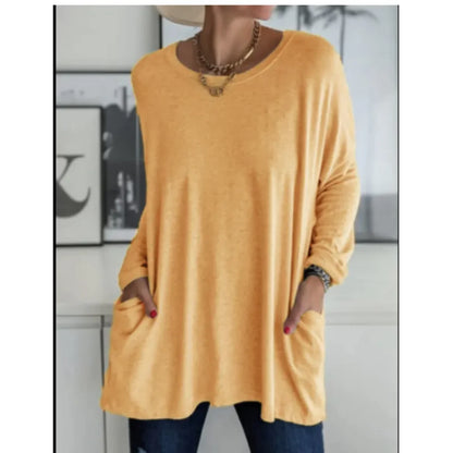 Casual Long Sleeve Round Neck Top with Pockets