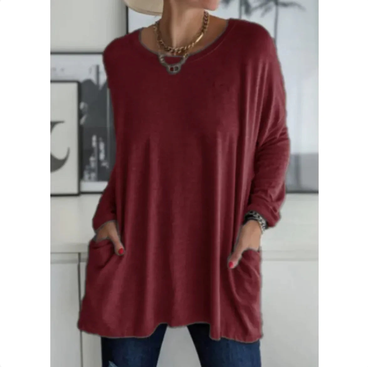 Casual Long Sleeve Round Neck Top with Pockets