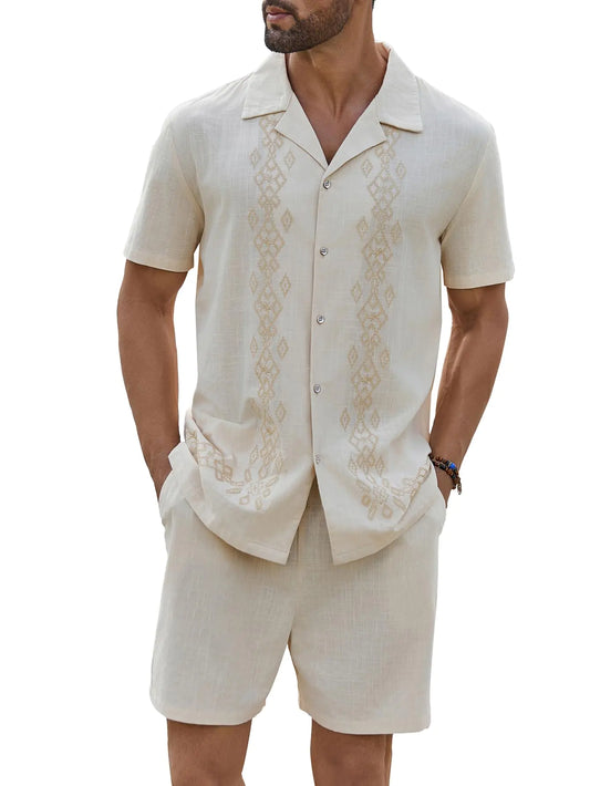 Daupanzees Mens 2 Pieces Shirt Sets Beach Guayabera Outfit Button Down Shirts and Shorts Casual Cuban Embroidered Sets Hippie T-Shirts Shorts Sets Summer Beach Outfits Khaki XXL