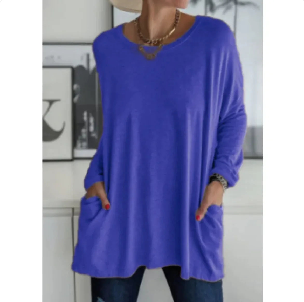 Casual Long Sleeve Round Neck Top with Pockets