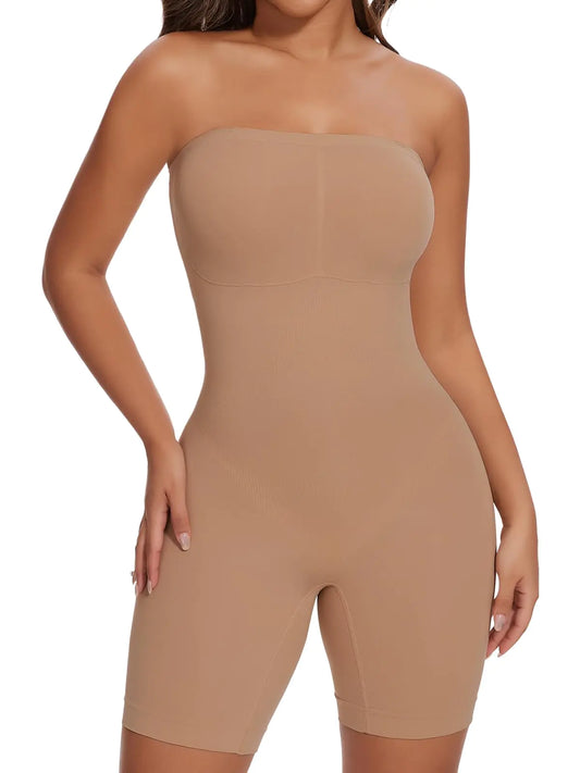 SHAPERIN Women Strapless Shapewear Built in Bra Tummy Control Bodysuit Seamless Body Shaper with Removable Straps Coffee L