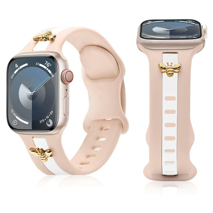 Silicone Strap for Apple Watch Bands 40mm 38mm 41mm, Stylish Bracelet with Gold Honey Bee Charms for iWatch Series 10(42mm) 9 8 7 6 5 4 3 SE, Designer Sport Wristbands for Apple Watch Bands Gray White