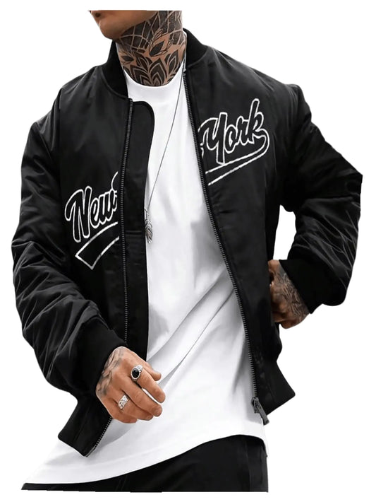 BEAUDRM Mens Letter Printed Long Sleeve Bomber Jackets Zip Up Outerwear Coats Black X-Small