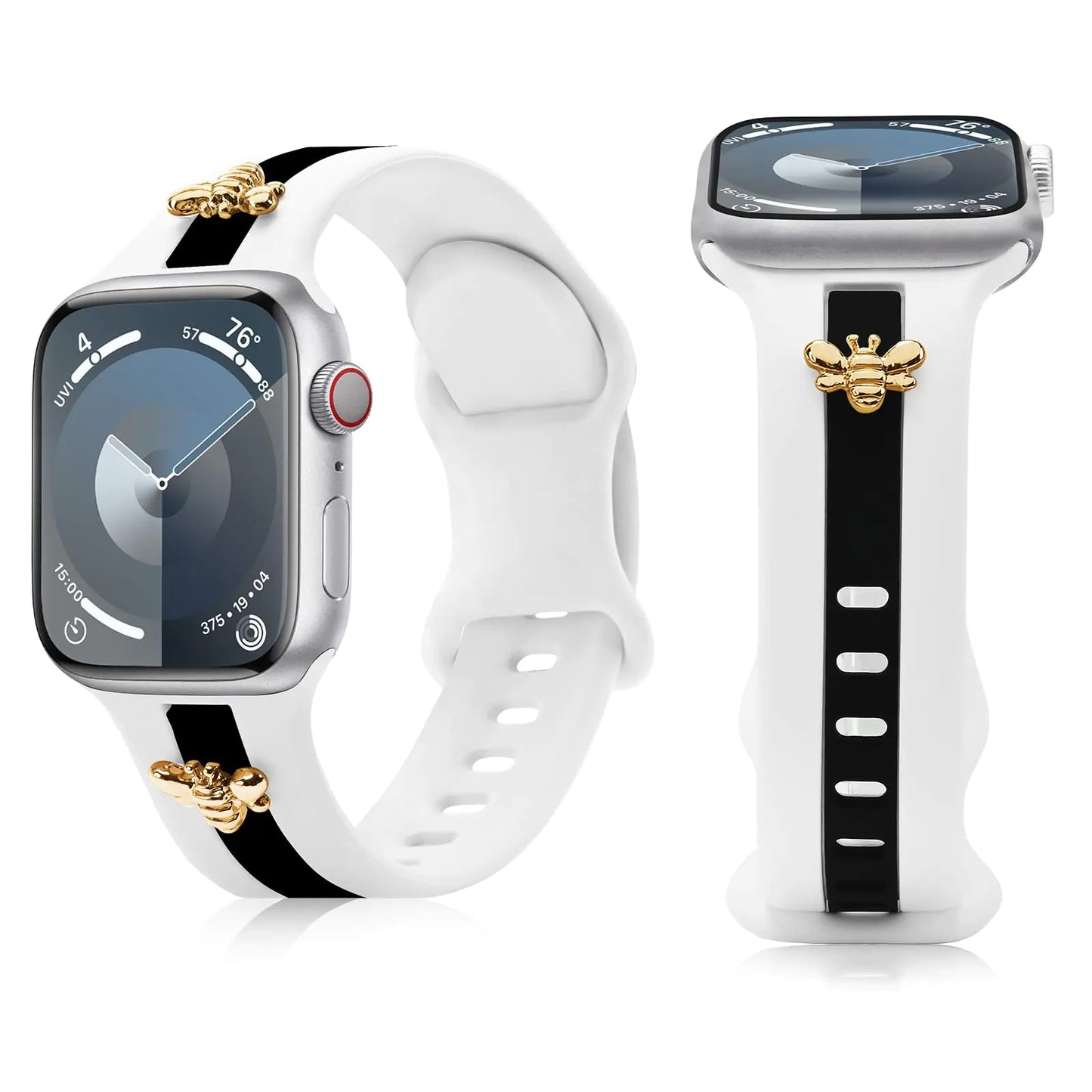 Silicone Strap for Apple Watch Bands 40mm 38mm 41mm, Stylish Bracelet with Gold Honey Bee Charms for iWatch Series 10(42mm) 9 8 7 6 5 4 3 SE, Designer Sport Wristbands for Apple Watch Bands Gray White