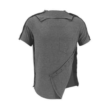 Mens Shoulder Surgery Recovery Shirts-Post Shoulder Surgery of Short Sleeves with Hidden Snap Buttons on Sides Grey