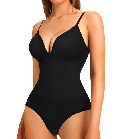 LODAY Elegant Slim Deep V-Neck Shaper Bodysuit with Built-in Bra - Black 3XL