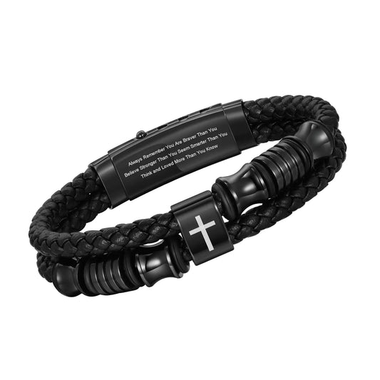 TempBeau Christian Black Leather Bracelet for Men - Double-Row Braided Leather Faith Cross Bracelets for Men Jewelry Gift Religious Baptism Easter Gifts for Young Men TeenageAdjustable Wristband4