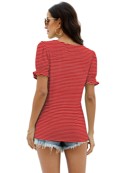 WIHOLL Tops for Women Summer Casual Ruffle Trim Sleeve Square Neck T Shirts X-Large 1-redstripe