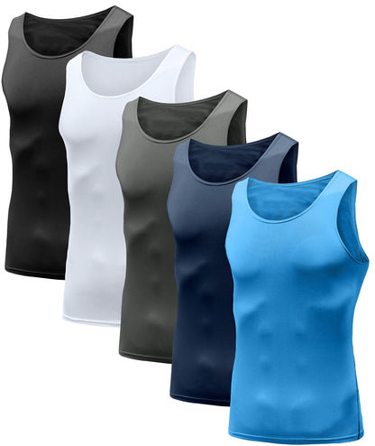 HIBETY Mens 5 Pack Sleeveless Compression Tank TopBaselayer Cool Dry Compression Shirts(Black/White/Deep Gray/Blue/Navy-06-L)