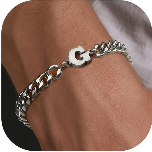 GIFT4U Chain Bracelet for Men Silver Bracelet for Men Cuban Link Bracelet for Men Initial Bracelet for Men