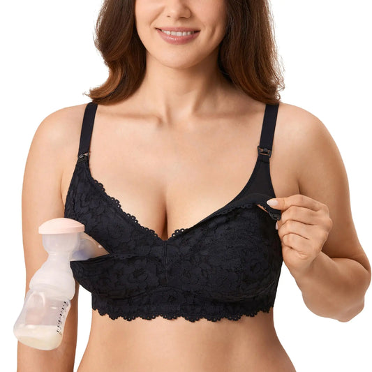 MOMANDA Womens Pumping Bra Hands Free Lace Nursing Bras Cute Support Maternity Breastfeeding Breast Pump Bra Black 40B